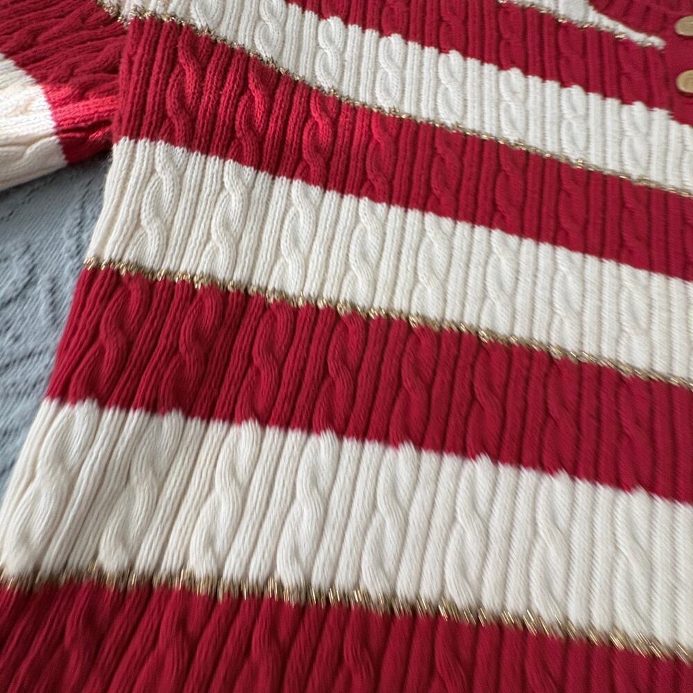 Tommy Hilfiger Stripe Cable Knit Sweater Red White Gold Medium Preppy - Picture 8 of 8